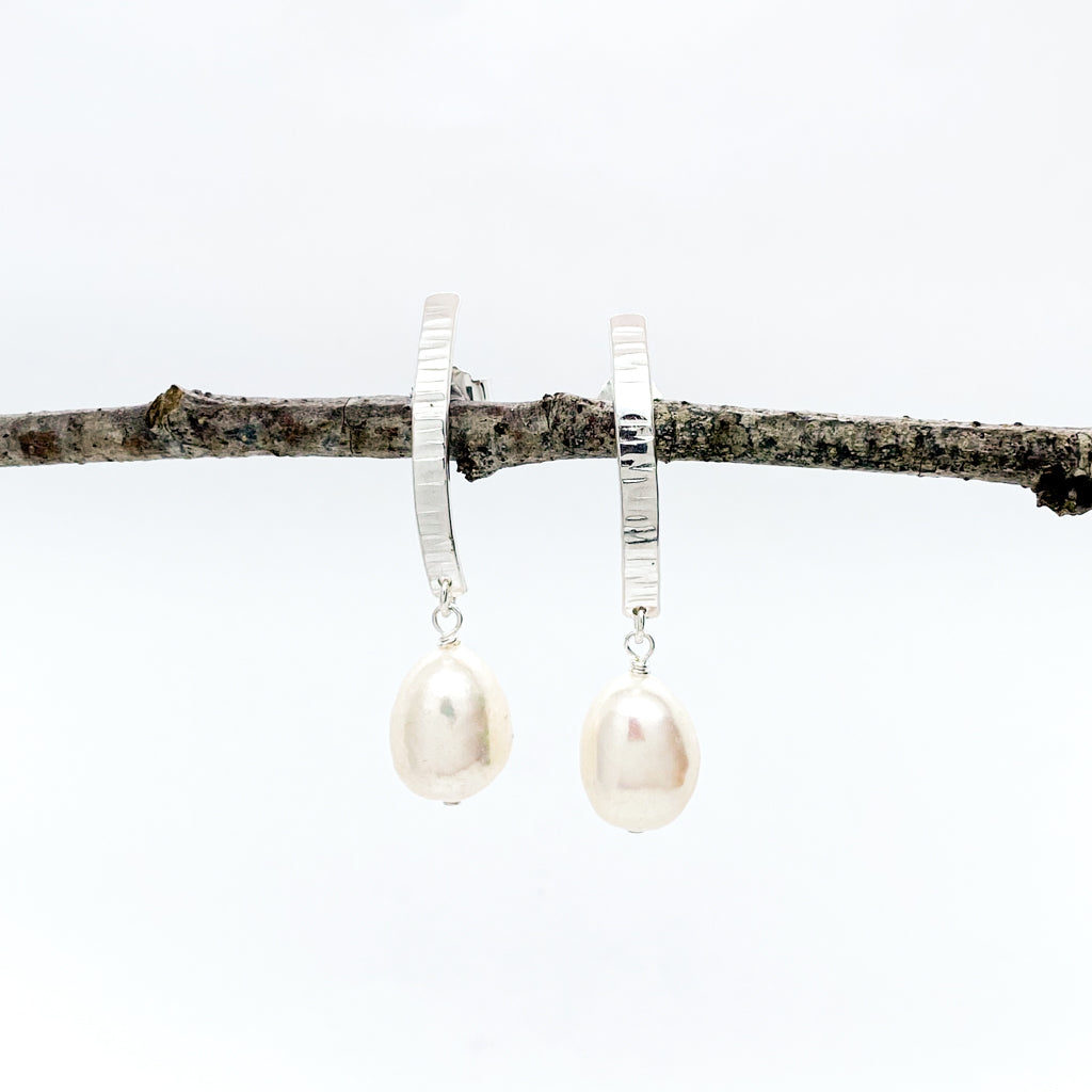 Hammered Silver Birch Stick with Baroque Pearl Drop Earrings