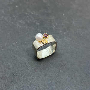 Pink Tourmaline & Citrine Square Stacking Ring - Size 7.5