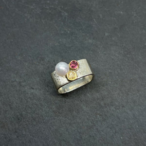 Pink Tourmaline & Citrine Square Stacking Ring - Size 7.5